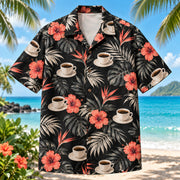 Front view of Espresso Cup Specialty Coffee Hawaiian Shirt with plain espresso cups among tropical leaves