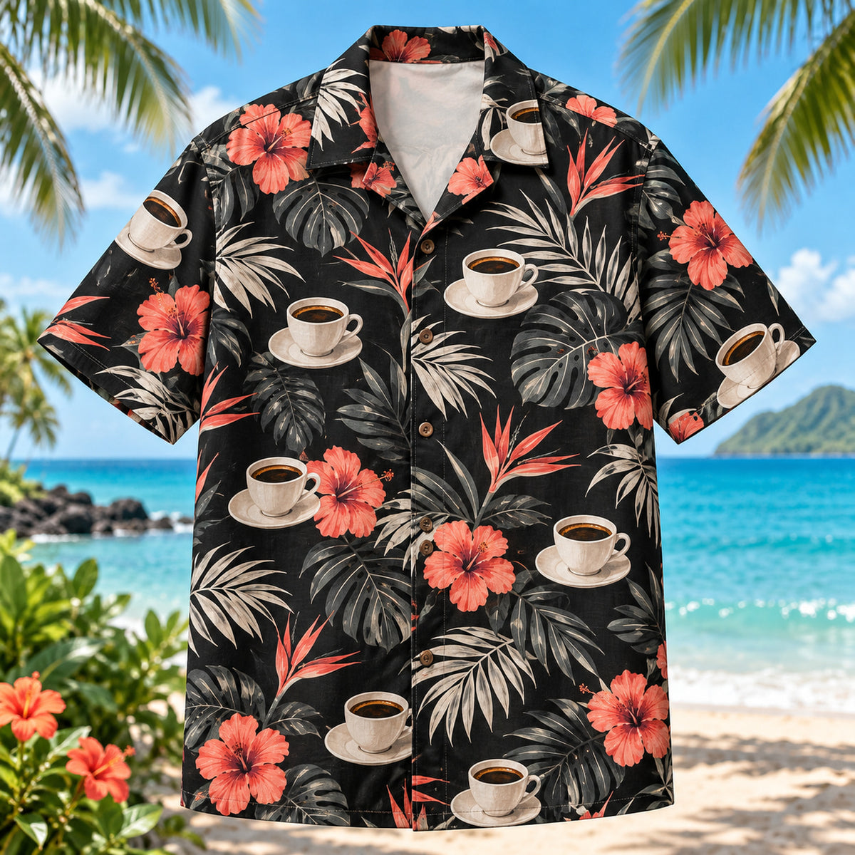 Front view of Espresso Cup Specialty Coffee Hawaiian Shirt with plain espresso cups among tropical leaves