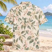 Back view of Eucalyptus Shore Beach Wedding Hawaiian Shirt with matching artwork in ivory, sage, blush