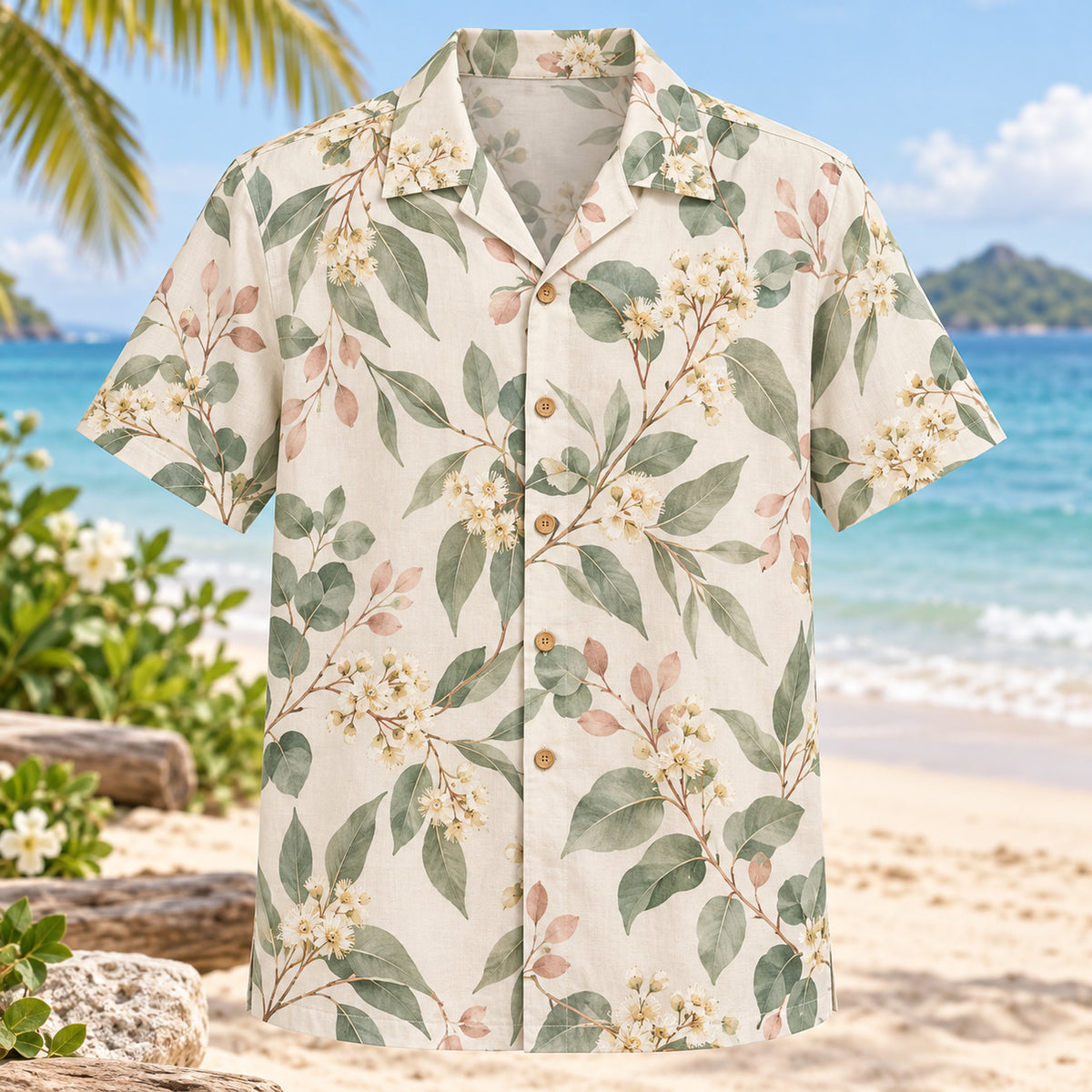 Front view of Eucalyptus Shore Beach Wedding Hawaiian Shirt with original, text-free illustrations of eucalyptus branches and small cream blooms