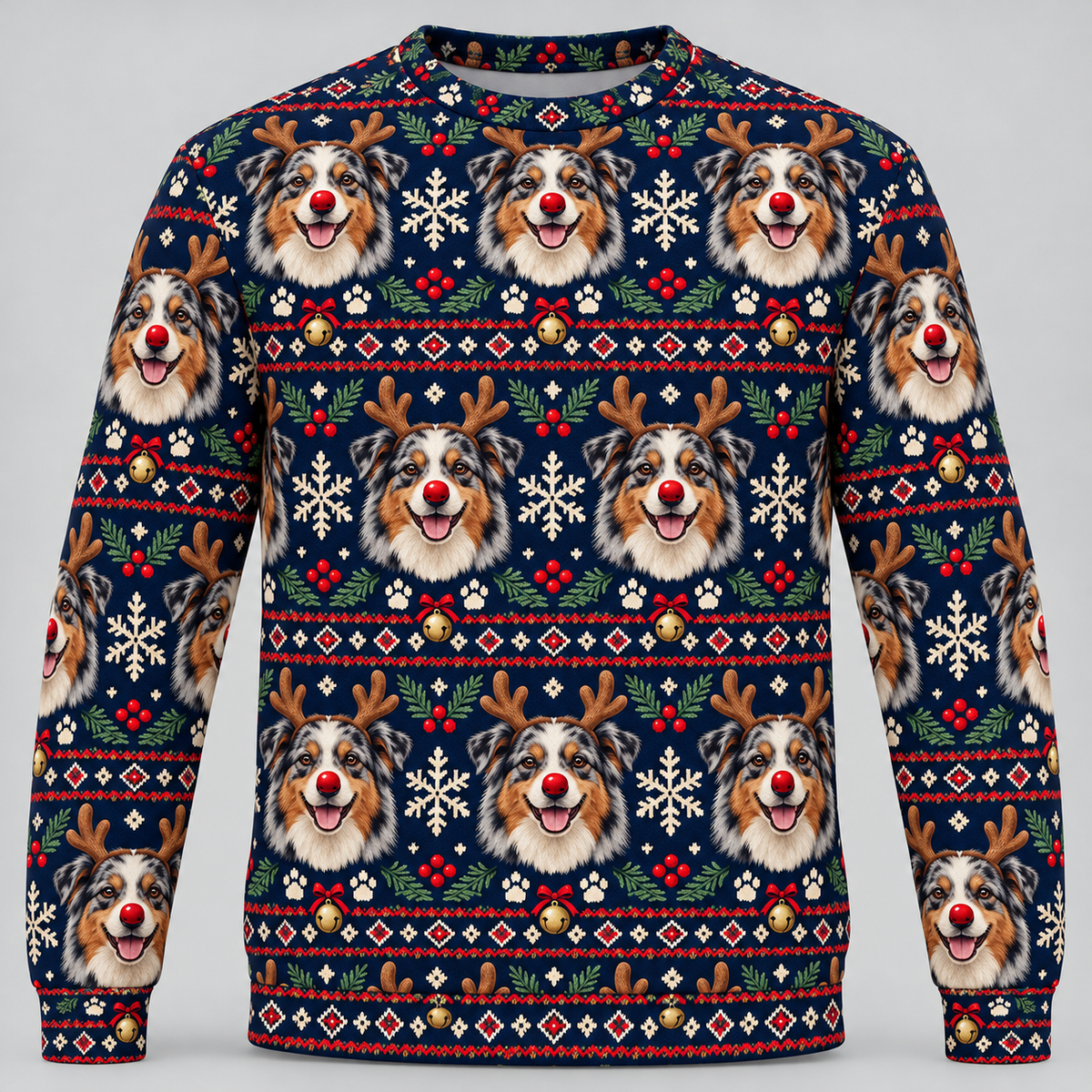 Australian Shepherd reindeer Christmas Ugly Sweater front