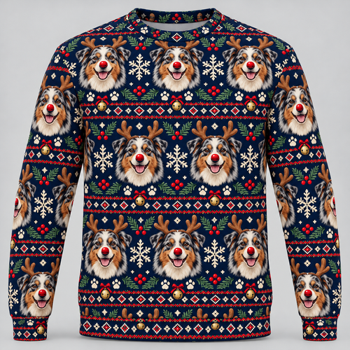 Australian Shepherd reindeer Christmas Ugly Sweater front