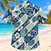 Back view of Eye Botanical Navy Optometrist Hawaiian Shirt with matching artwork in navy, aqua, warm cream