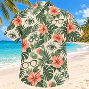 Back view of Eye Botanical Sage Optometrist Hawaiian Shirt with matching artwork in sage, sand, coral