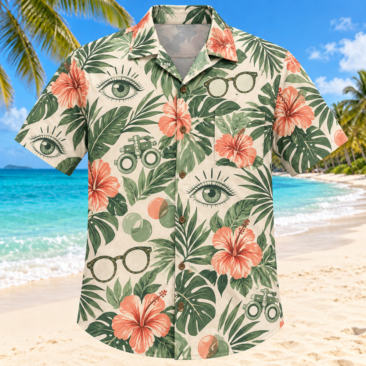 Front view of Eye Botanical Sage Optometrist Hawaiian Shirt with original original eye illustrations and hibiscus in a relaxed botanical clusters