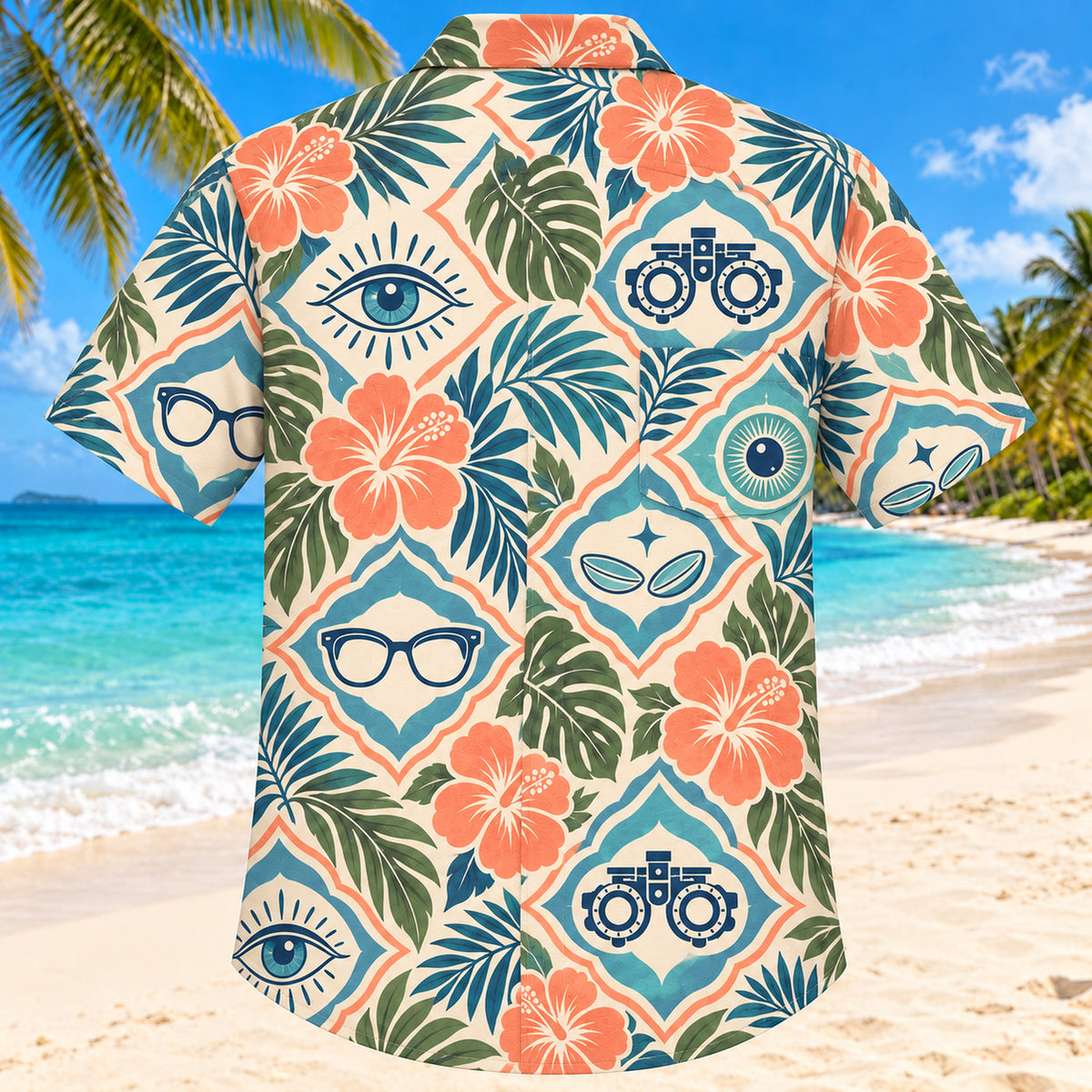 Back view of Eye Botanical Sunset Optometrist Hawaiian Shirt with matching artwork in sunset peach, sea blue, olive