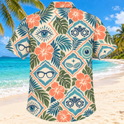 Back view of Eye Botanical Sunset Optometrist Hawaiian Shirt with matching artwork in sunset peach, sea blue, olive