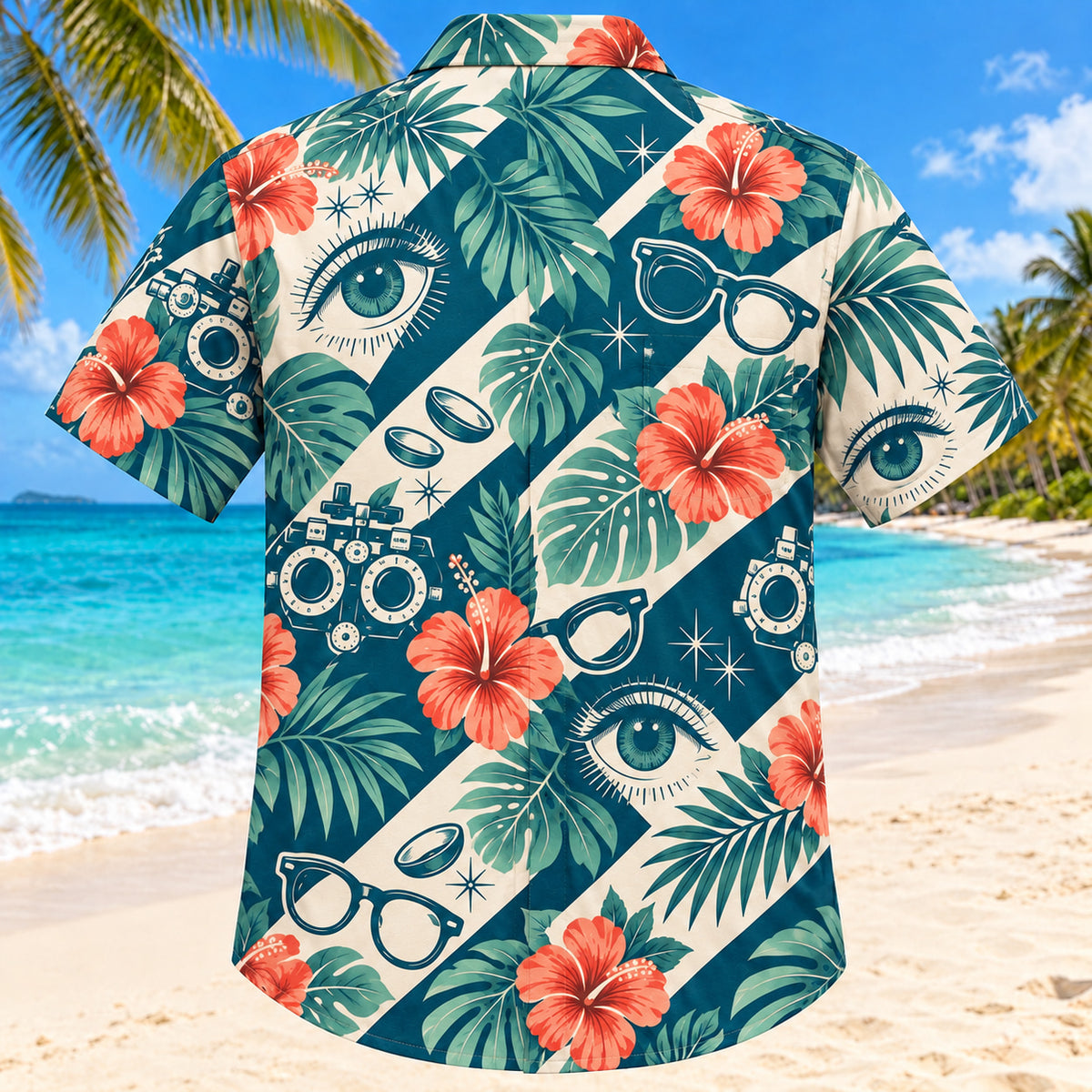 Back view of Eye Botanical Teal Optometrist Hawaiian Shirt with matching artwork in deep teal, ivory, coral