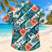 Back view of Eye Botanical Teal Optometrist Hawaiian Shirt with matching artwork in deep teal, ivory, coral