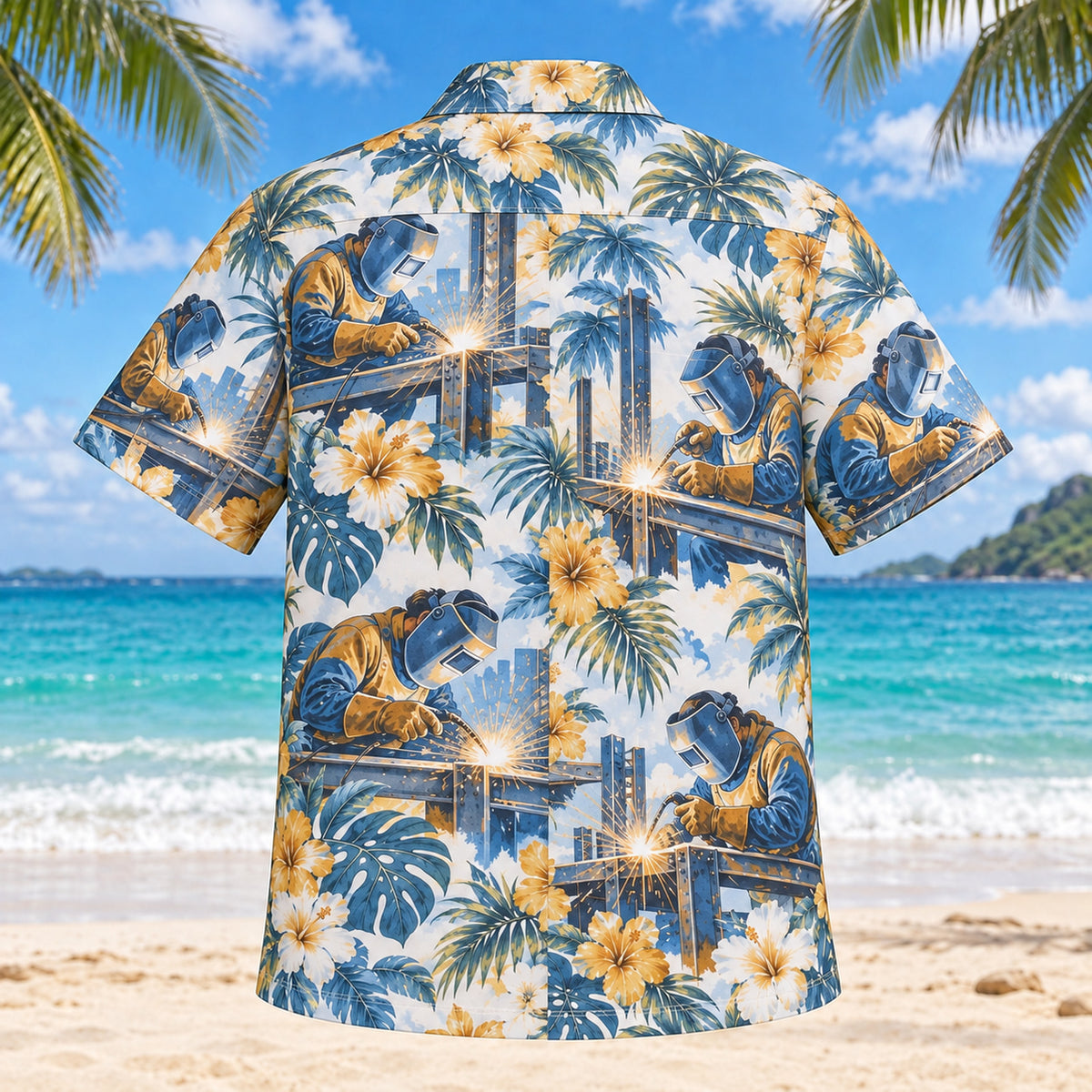 Back view of Fabrication Welder Hawaiian Shirt with matching artwork in sky, white, ochre