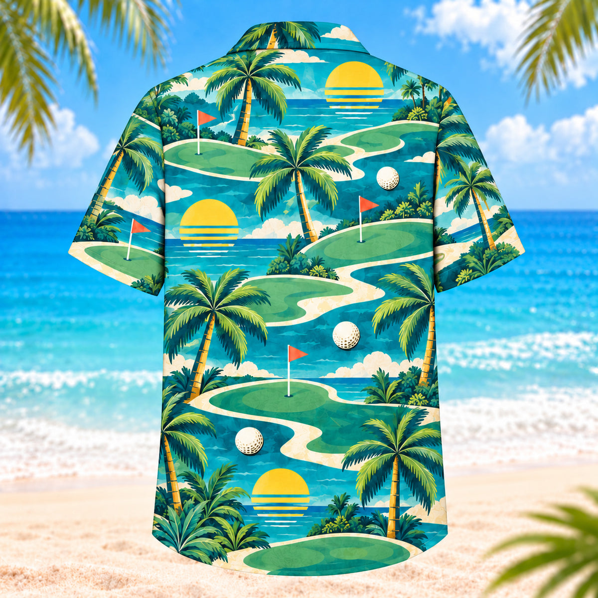 Back view of Fairway Sunrise Golf Hawaiian Shirt showing curving fairways, small orange flags, sun discs, coconut palms, golf balls