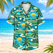 Front view of Fairway Sunrise Golf Hawaiian Shirt showing curving fairways, small orange flags, sun discs, coconut palms, golf balls