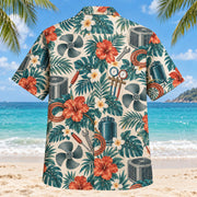 Back view of Fan Blade HVAC Hawaiian Shirt with matching artwork in teal, ivory, rust