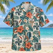 Front view of Fan Blade HVAC Hawaiian Shirt with original fan blade motifs, with tropical botanical accents; no text or branded equipment