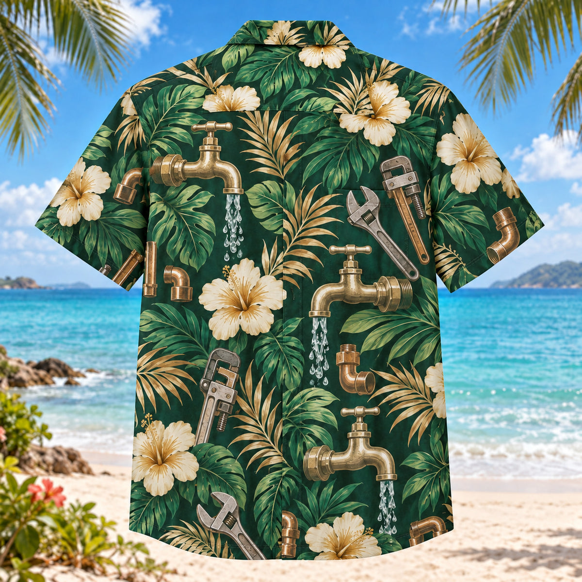 Back view of Faucet Plumber Hawaiian Shirt with matching artwork in emerald, tan, cream