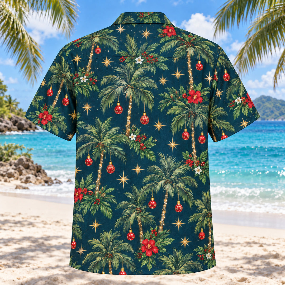 Back view of Festive Palm Night Christmas Hawaiian Shirt with matching artwork in midnight teal, gold, ruby