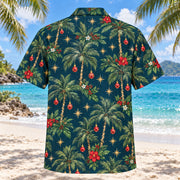 Back view of Festive Palm Night Christmas Hawaiian Shirt with matching artwork in midnight teal, gold, ruby