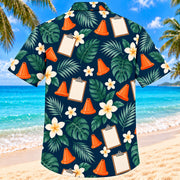 Back view of Field Bloom Navy Cream Athletic Trainer Hawaiian Shirt with matching artwork in navy, warm ivory, pale seafoam