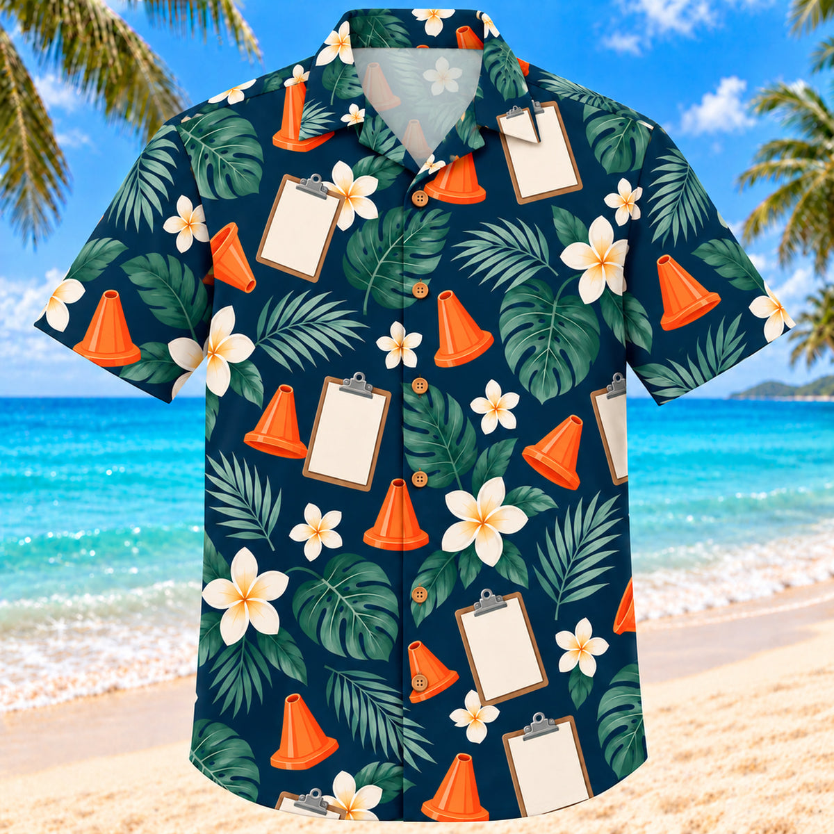 Front view of Field Bloom Navy Cream Athletic Trainer Hawaiian Shirt with original simple cones, blank clipboards and plumeria with no league insignia