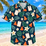 Front view of Field Bloom Navy Cream Athletic Trainer Hawaiian Shirt with original simple cones, blank clipboards and plumeria with no league insignia