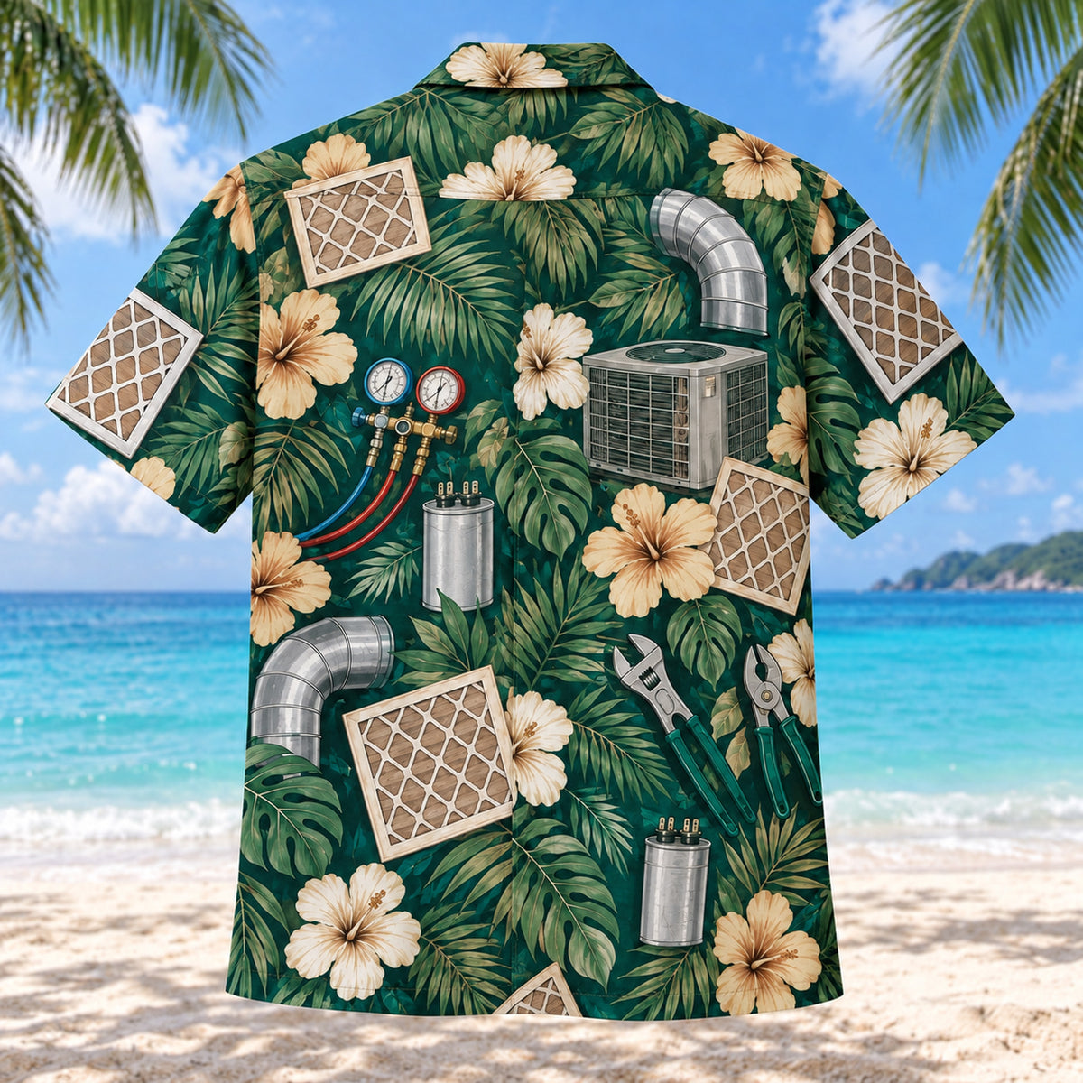 Back view of Filter Grid HVAC Hawaiian Shirt with matching artwork in emerald, tan, cream