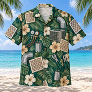 Front view of Filter Grid HVAC Hawaiian Shirt with original filter grid motifs, with tropical botanical accents; no text or branded equipment