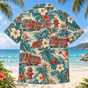 Back view of Fire Engine Firefighter Hawaiian Shirt with matching artwork in teal, ivory, rust