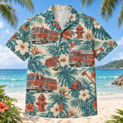 Front view of Fire Engine Firefighter Hawaiian Shirt with original fire engine motifs, with tropical botanical accents; no text or branded equipment