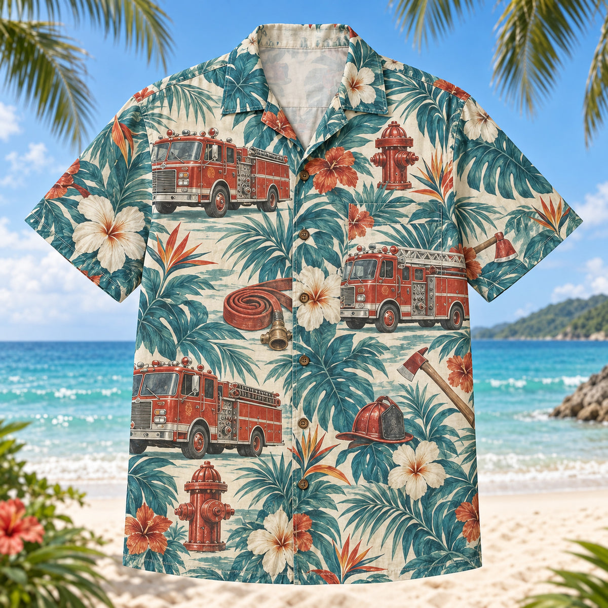 Front view of Fire Engine Firefighter Hawaiian Shirt with original fire engine motifs, with tropical botanical accents; no text or branded equipment