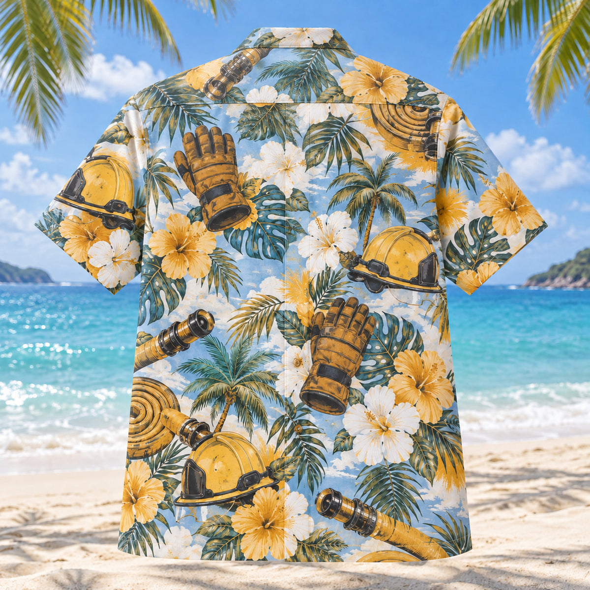 Back view of Fire Glove Firefighter Hawaiian Shirt with matching artwork in sky, white, ochre