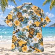 Back view of Fire Glove Firefighter Hawaiian Shirt with matching artwork in sky, white, ochre
