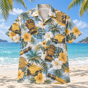 Front view of Fire Glove Firefighter Hawaiian Shirt with original fire glove motifs, with tropical botanical accents; no text or branded equipment
