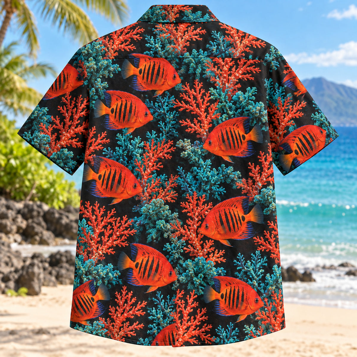 Back view of Flame Angelfish Reef Aquarium Hawaiian Shirt with matching artwork in scarlet, black, teal