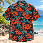 Back view of Flame Angelfish Reef Aquarium Hawaiian Shirt with matching artwork in scarlet, black, teal
