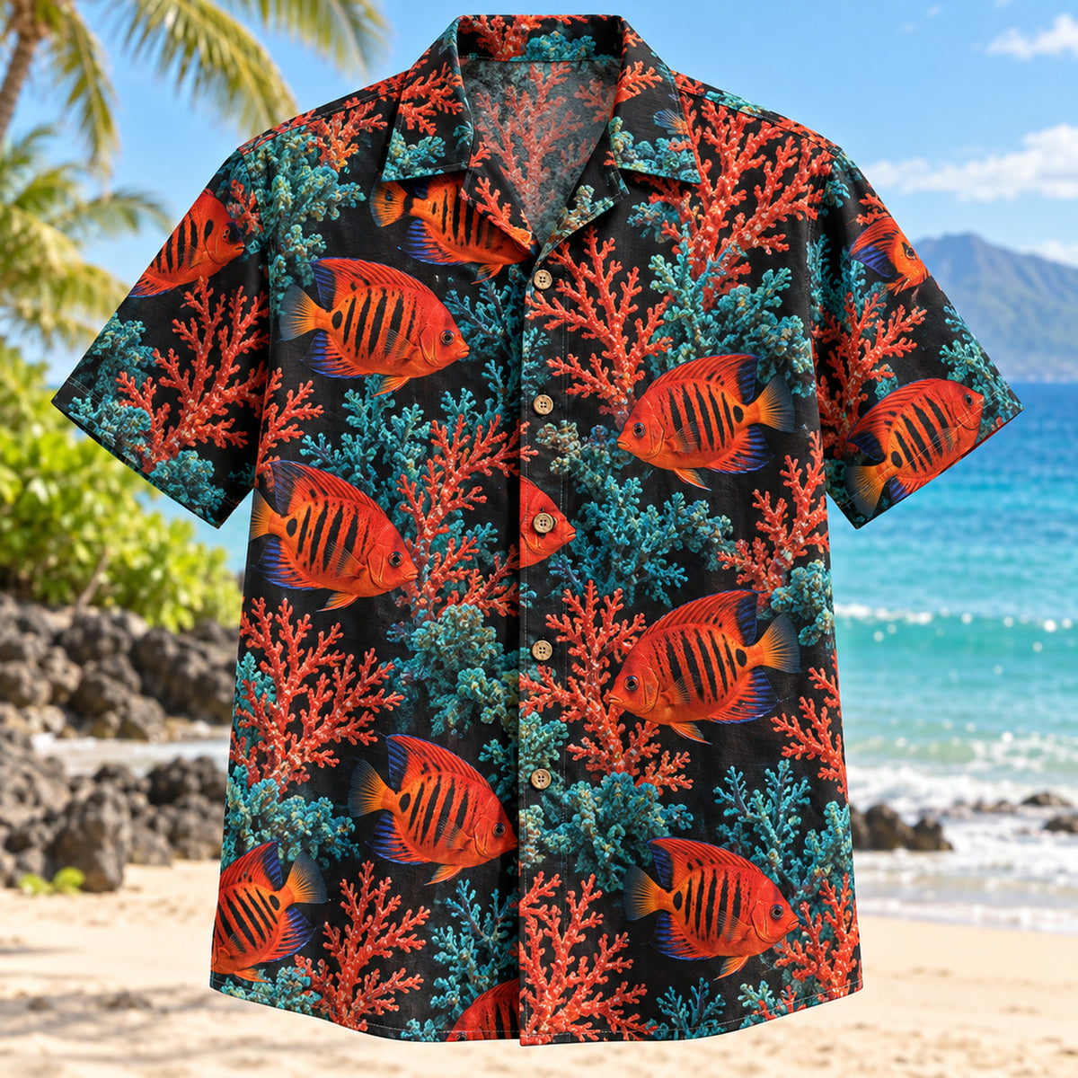 Front view of Flame Angelfish Reef Aquarium Hawaiian Shirt with flame angelfish among branching coral