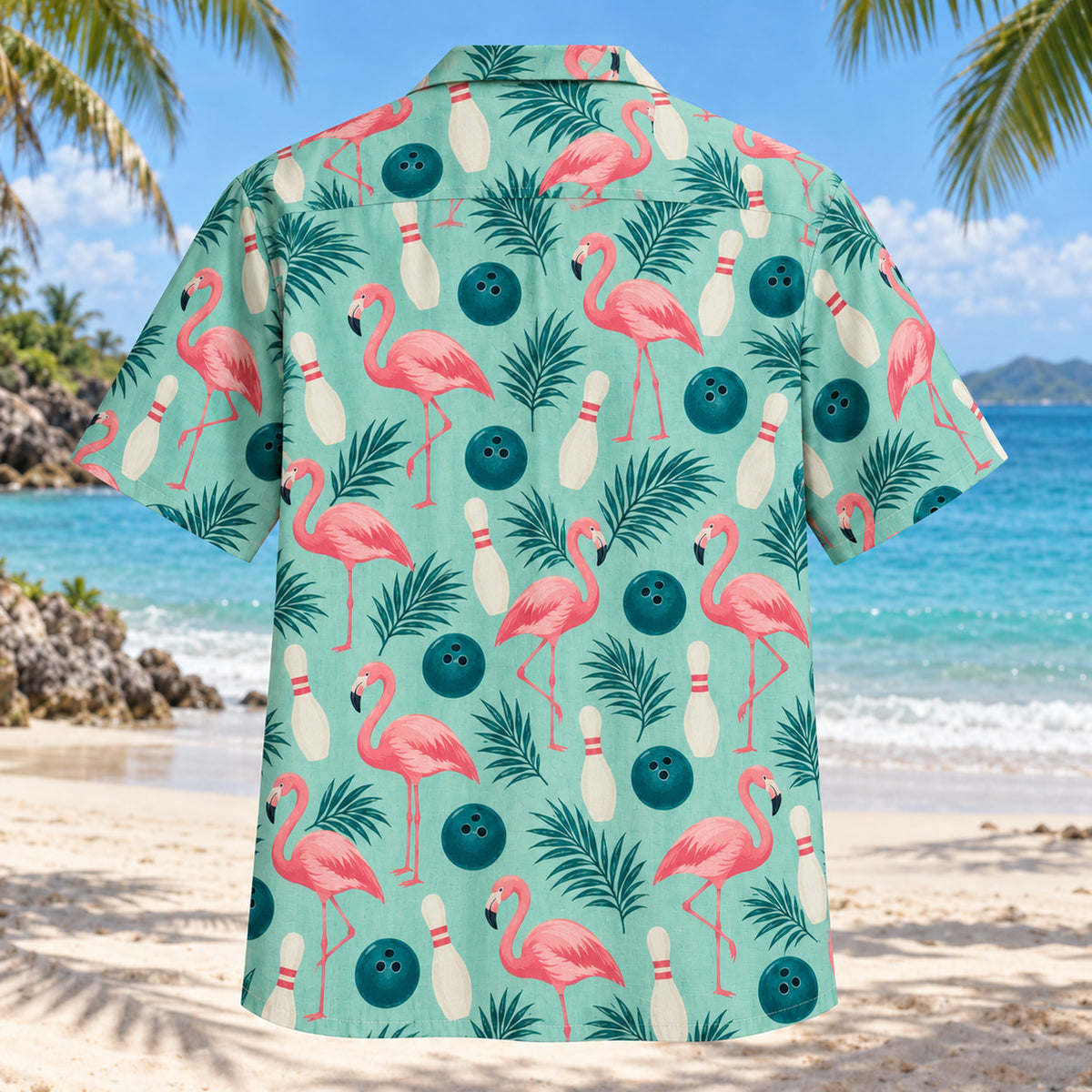 Back view of Flamingo Lanes Bowling Hawaiian Shirt with matching bowling artwork in seafoam, flamingo pink, ivory, dark teal