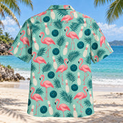 Back view of Flamingo Lanes Bowling Hawaiian Shirt with matching bowling artwork in seafoam, flamingo pink, ivory, dark teal