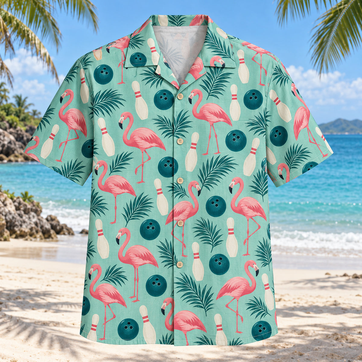 Front view of Flamingo Lanes Bowling Hawaiian Shirt with original flamingo silhouettes beside plain bowling pins, three-hole balls and small palm leaves