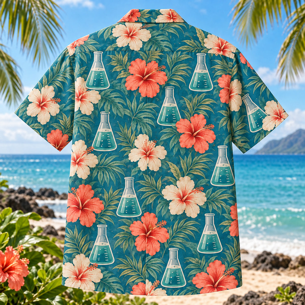Back view of Flask Hibiscus Chemistry Hawaiian Shirt with matching artwork in teal, coral, cream