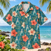 Front view of Flask Hibiscus Chemistry Hawaiian Shirt with generic Erlenmeyer flasks among hibiscus