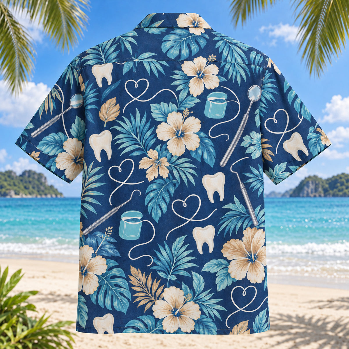 Back view of Floss Loop Dentist Hawaiian Shirt with matching artwork in indigo, aqua, tan