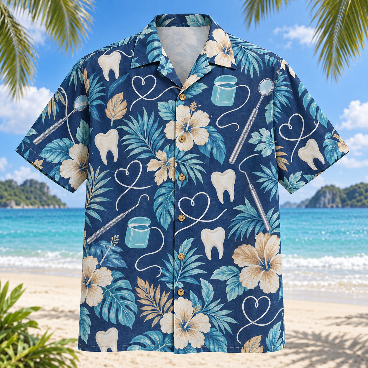 Front view of Floss Loop Dentist Hawaiian Shirt with original floss loop motifs, with tropical botanical accents; no text or branded equipment