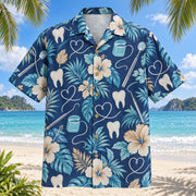 Front view of Floss Loop Dentist Hawaiian Shirt with original floss loop motifs, with tropical botanical accents; no text or branded equipment
