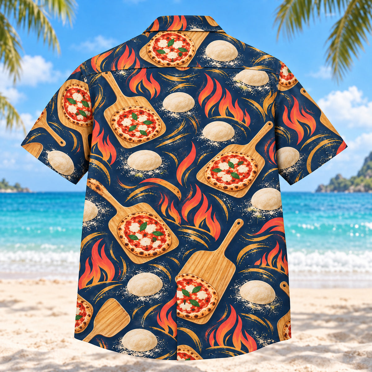 Back view of Flour and Fire Home Pizza Making Hawaiian Shirt with matching artwork in navy, coral, gold
