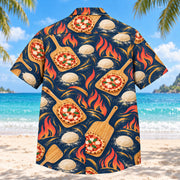 Back view of Flour and Fire Home Pizza Making Hawaiian Shirt with matching artwork in navy, coral, gold