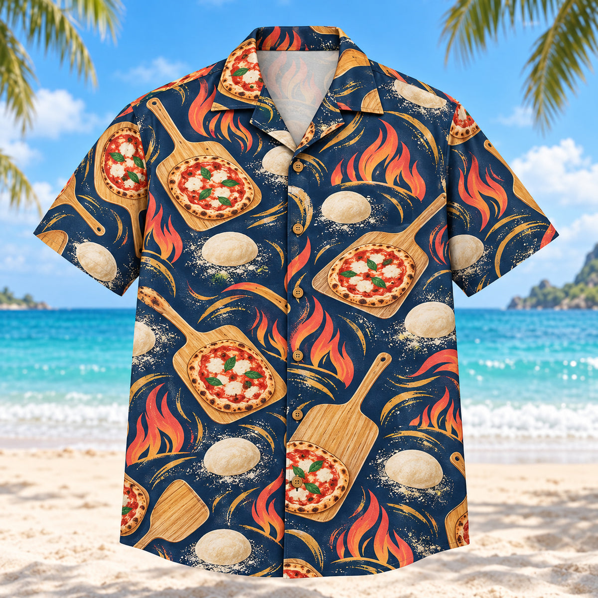 Front view of Flour and Fire Home Pizza Making Hawaiian Shirt with original, text-free illustrations of pizza peels, dough balls and abstract oven flames