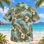 Back view of Flow Line Plumber Hawaiian Shirt with matching artwork in moss, aqua, sand