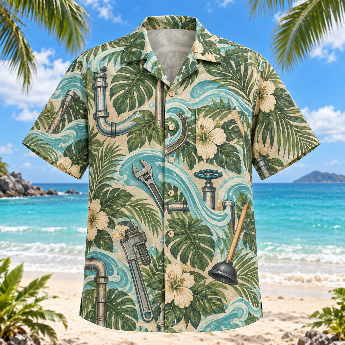 Front view of Flow Line Plumber Hawaiian Shirt with original flow line motifs, with tropical botanical accents; no text or branded equipment