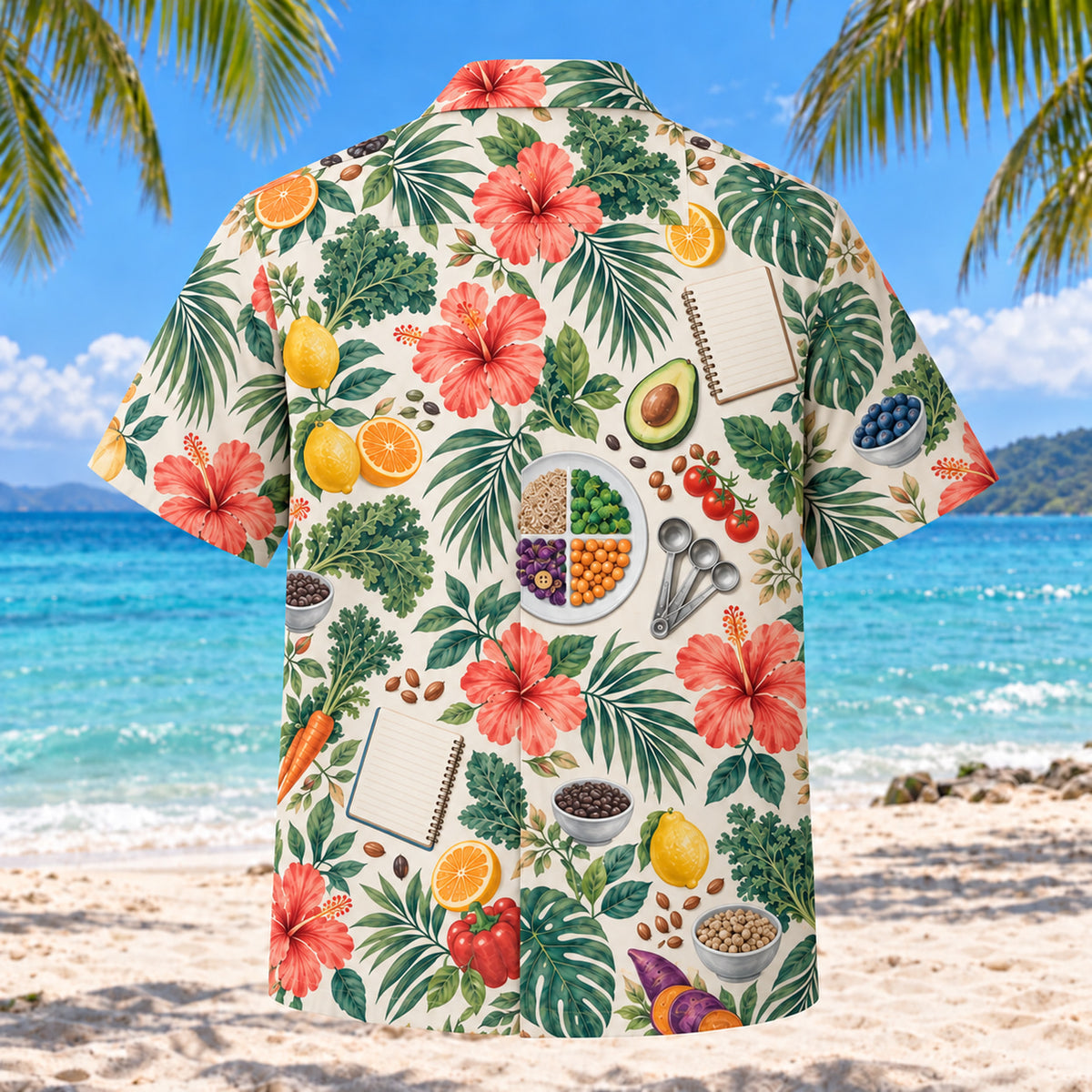 Back view of Food Garden Registered Dietitian Hawaiian Shirt with matching artwork in ivory, sage, sea blue, coral