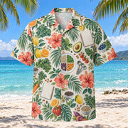 Front view of Food Garden Registered Dietitian Hawaiian Shirt with original whole foods, blank consultation notebooks, generic portion plates, measuring spoons and tropical hibiscus foliage